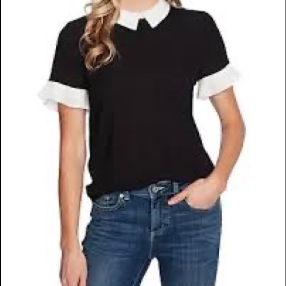 CeCe Pleated Sleeve Color Block Collared Blouse